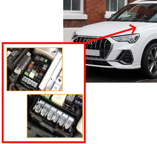 Розташування блоку запобіжників під капотом Audi Q3 2